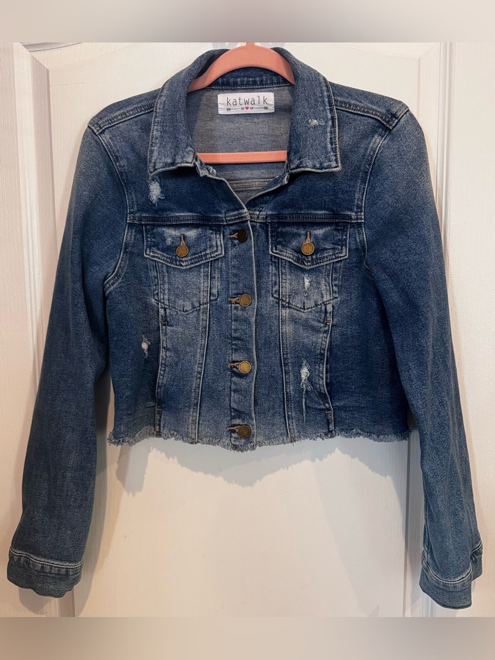 JUST BLACK DENIM KATWALK Cropped Distressed Denim Jacket Raw Hem M
